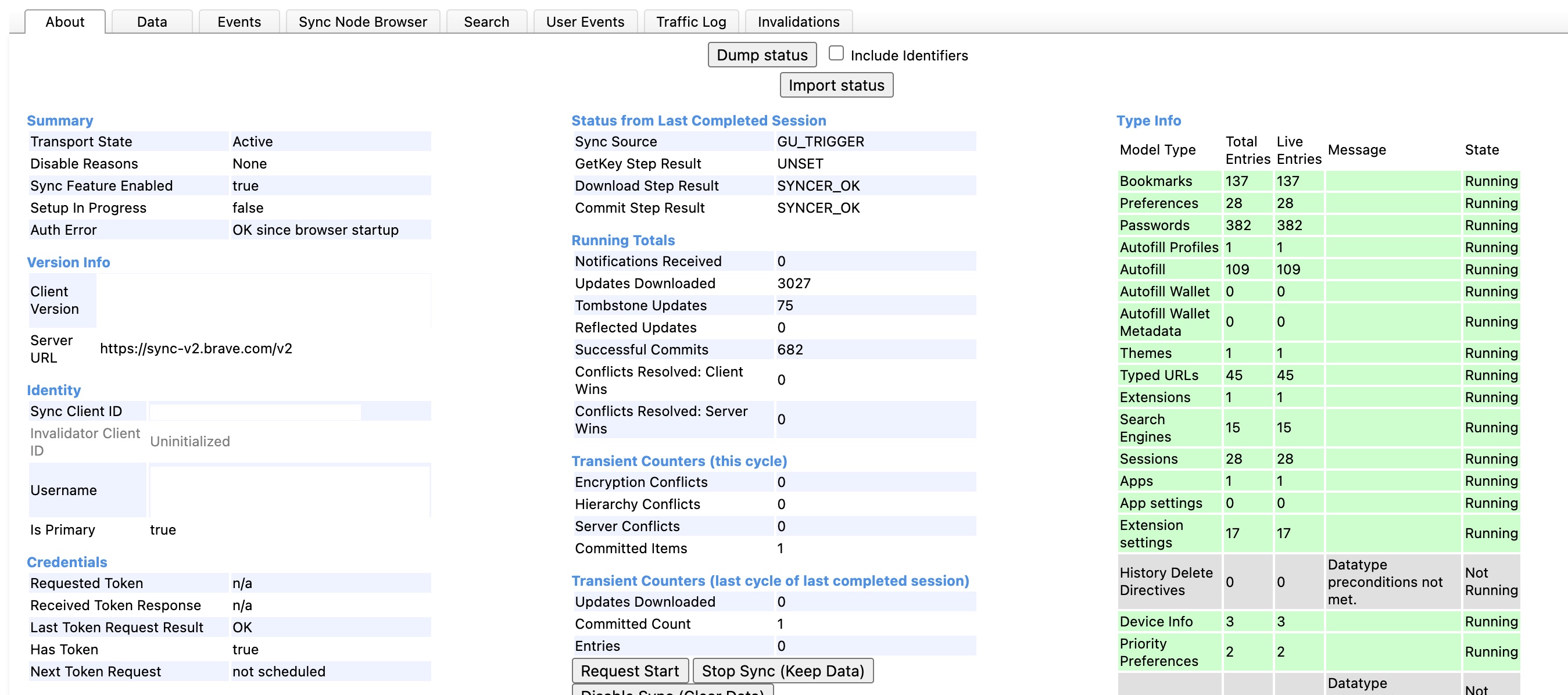 Brave Sync Internals diagnostics page
