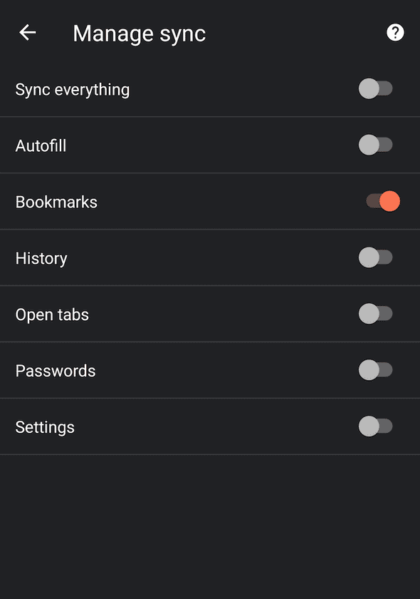 Brave for Android > Settings > Sync > Data Preferences